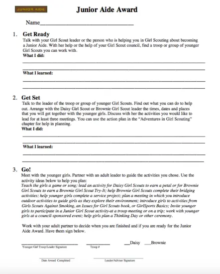 Junior Aide Award Sheet – Scouting Web