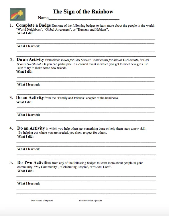 Sign of the Rainbow Badge Worksheet – Scouting Web