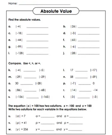 Absolute Value Worksheet PDF