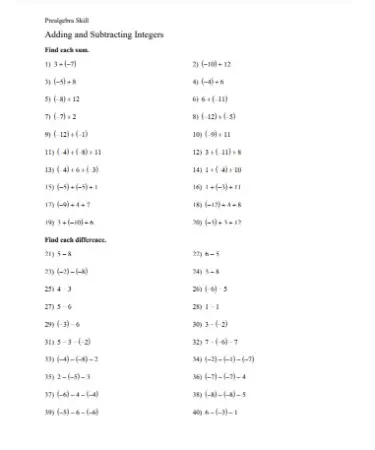 Adding And Subtracting Integers Worksheet PDF