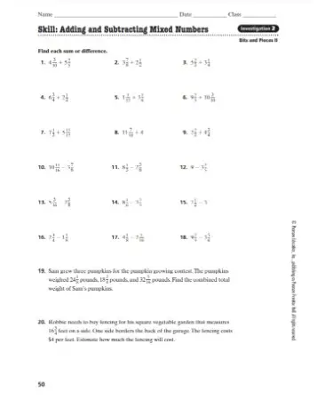 Adding And Subtracting Mixed Numbers With Unlike Denominators Worksheet PDF