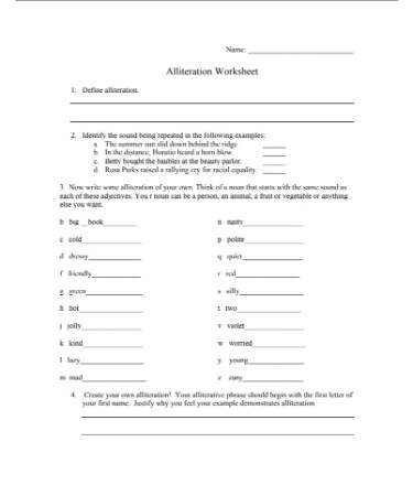 Alliteration Worksheet PDF - Free Download (PRINTABLE)