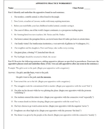 Appositive Worksheet PDF