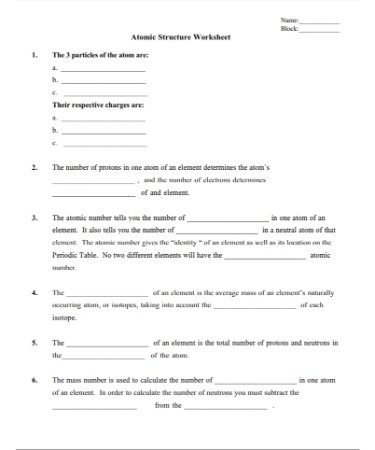 Atomic Structure Worksheet PDF