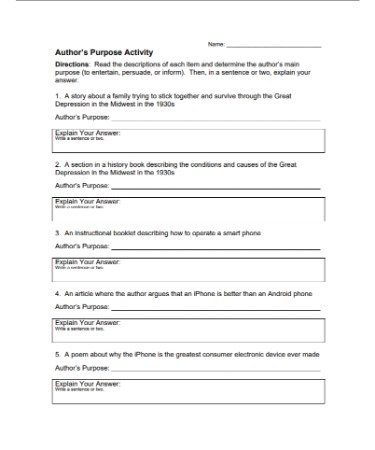 Author'S Purpose Worksheet PDF