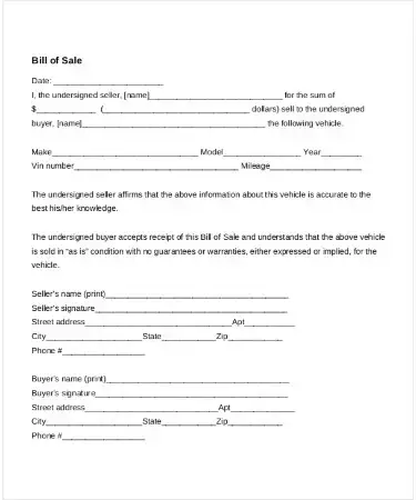 auto bill of sale template pdf free download printable