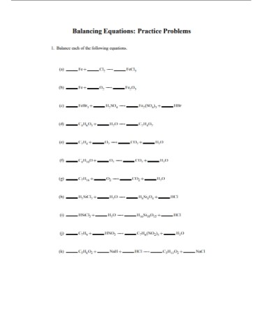 Balancing Chemical Equations Worksheet PDF