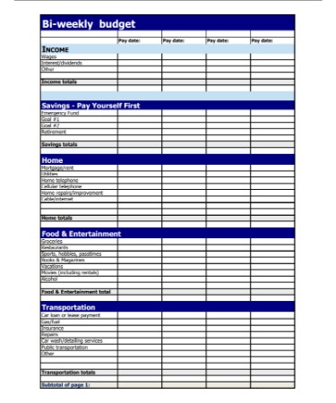 Bi Weekly Budget Worksheet PDF
