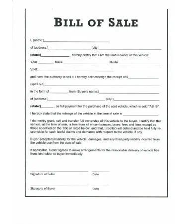 vehicle bill of sale template fillable pdf
