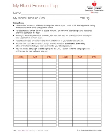 blood pressure monitor chart to print