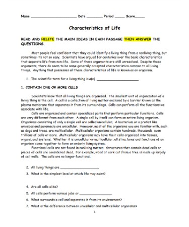 Characteristics Of Life Worksheet PDF