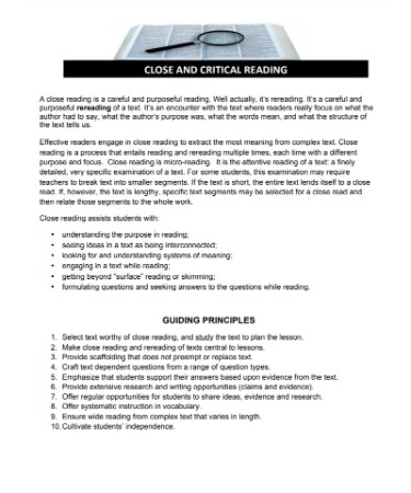 Close Reading Worksheet PDF