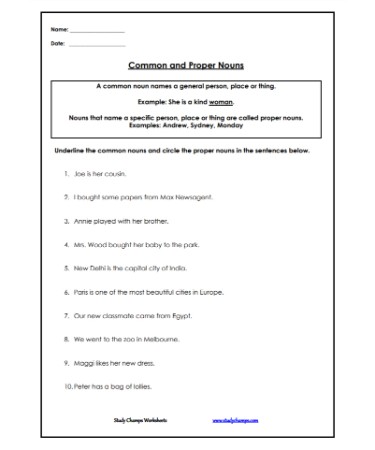 Common And Proper Nouns Worksheet PDF