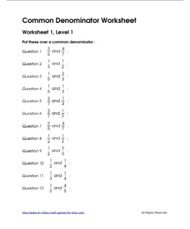 Common Denominator Worksheet PDF