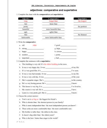 Comparative And Superlative Adjectives Worksheet PDF