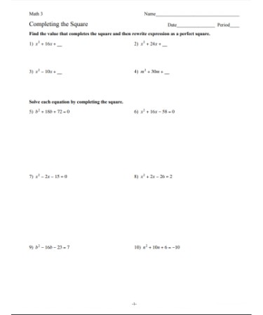 Completing The Square Worksheet PDF