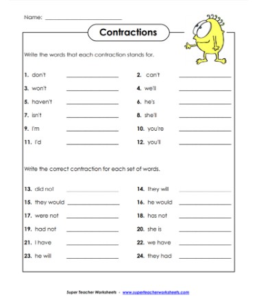 Contractions Worksheet PDF