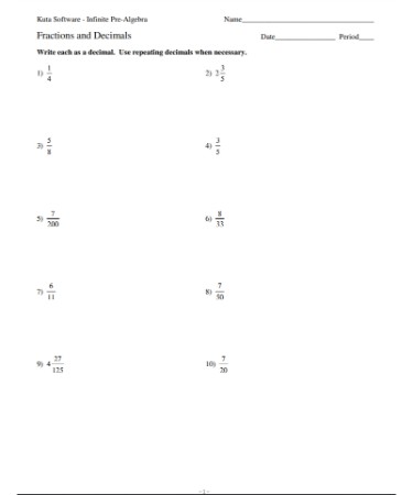 Converting Fractions To Decimals Worksheet PDF