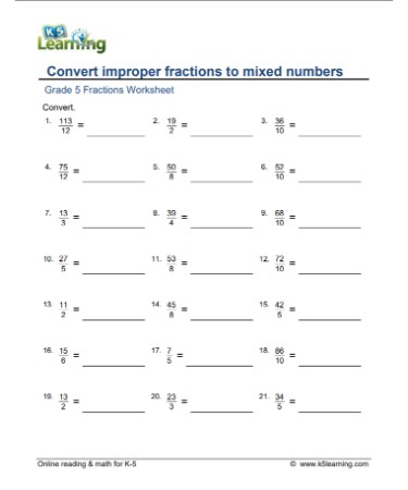 Converting Improper Fractions To Mixed Numbers Worksheet PDF