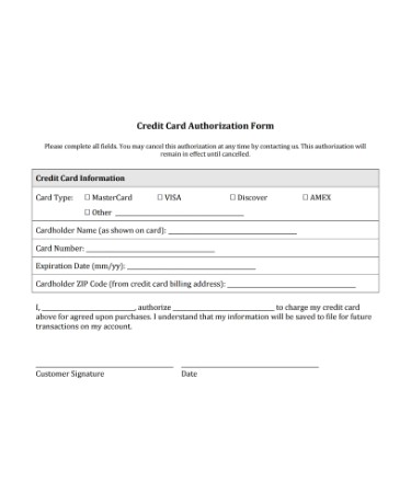 Credit Card Authorization Form Template PDF