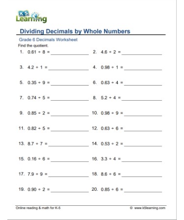 dividing decimals by whole numbers worksheet pdf printable