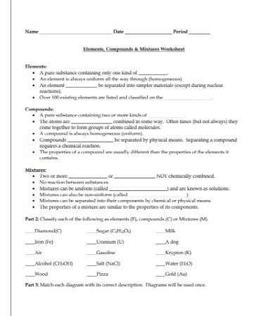 Elements Compounds And Mixtures Worksheet PDF - (PRINTABLE)