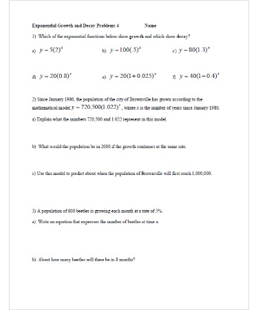 Exponential Growth And Decay Word Problems Worksheet PDF