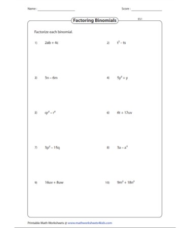 Factoring Binomials Worksheet PDF - Free Download (PRINTABLE)