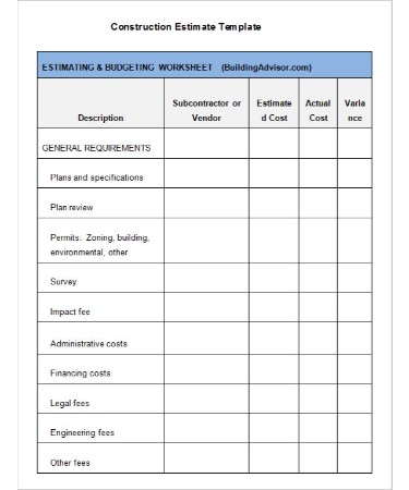 Free Construction Estimate Template PDF