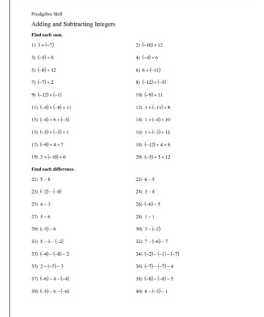 Integers Worksheet PDF