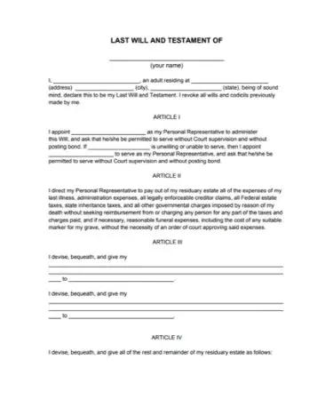 Last Will And Testament Free Template PDF