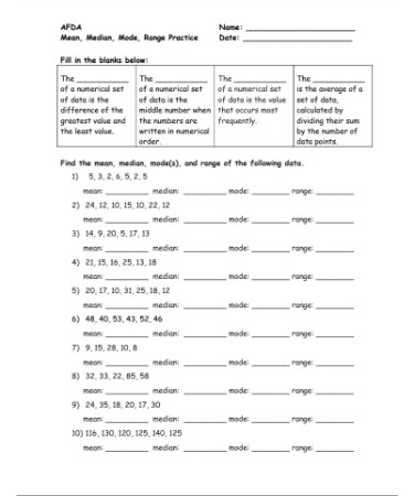 Mean Median Mode Range Worksheet PDF