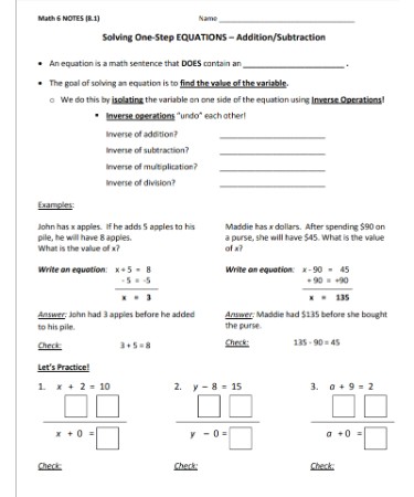 One Step Equations Addition And Subtraction Worksheet PDF