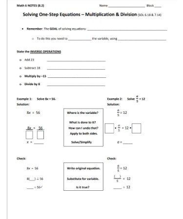 One Step Equations Multiplication And Division Worksheet PDF