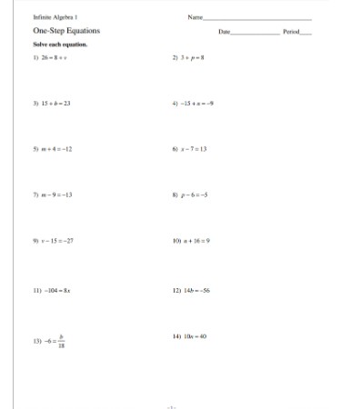 One Step Equations Worksheet PDF