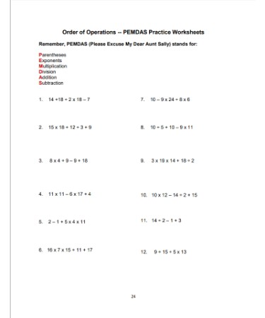 Order Of Operations Worksheet PDF