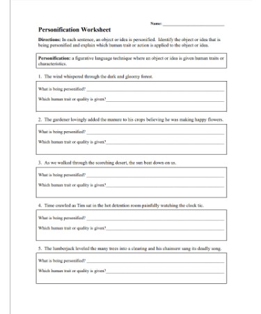 Personification Worksheet PDF