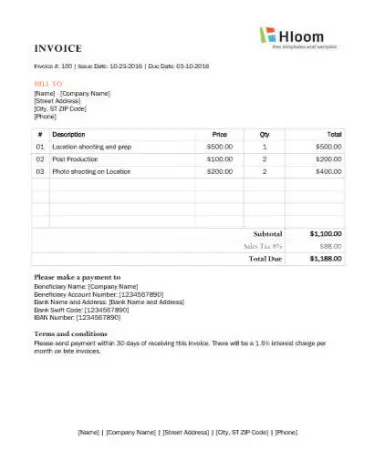 Photography Invoice Template PDF