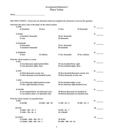 Place Value Worksheet PDF