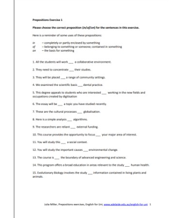 Preposition Worksheet PDF