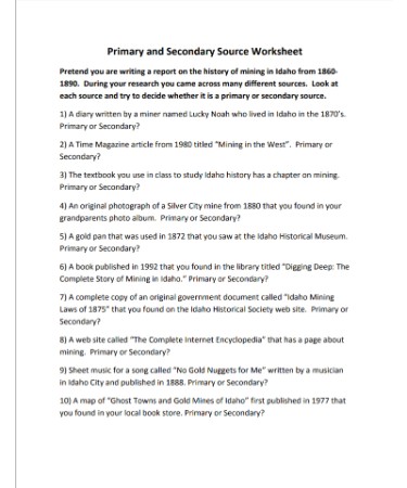 Primary And Secondary Sources Worksheet PDF