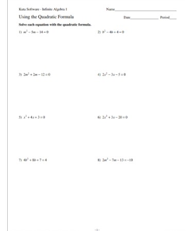 Quadratic Formula Worksheet PDF
