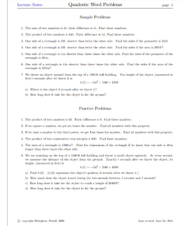Quadratic Word Problems Worksheet PDF