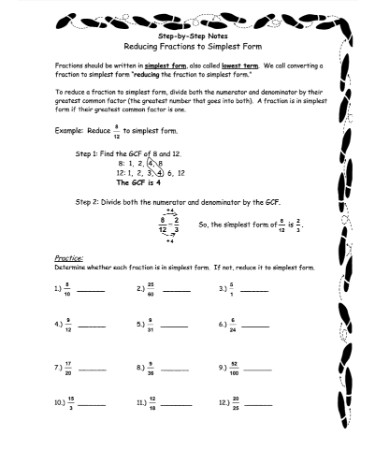 Reducing Fractions Worksheet PDF