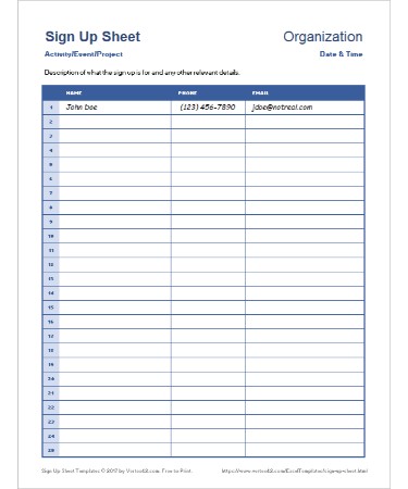 Sign Up Sheet Template PDF