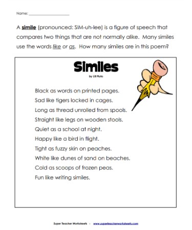 simile worksheets printable
