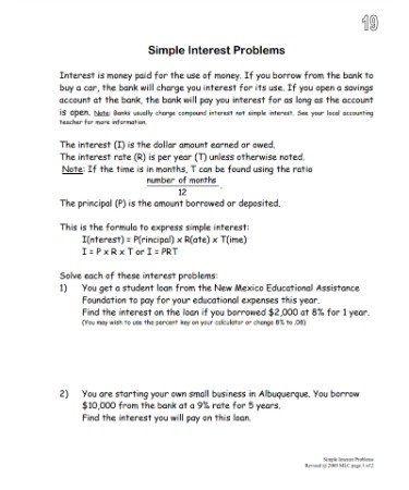 Simple Interest Worksheet PDF