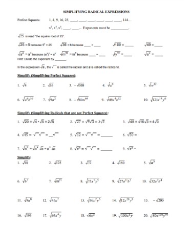 Simplify Radicals Worksheet PDF