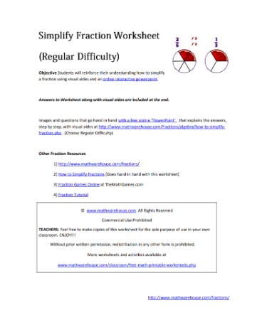 Simplifying Fractions Worksheet PDF