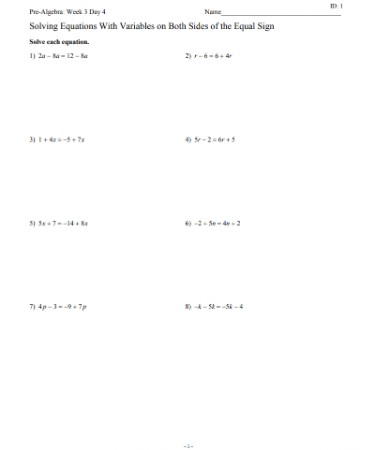 Solving Equations With Variables On Both Sides Worksheet PDF